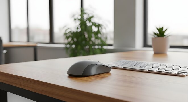 Close-up shot of a contemporary office desk with a computer mouse and keyboard, signifying a clean, efficient, and productive workspace for business