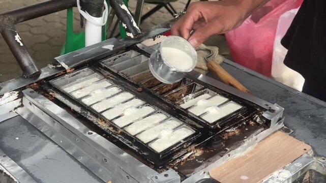 Indonesian street food seller preparing kue rangi on small cart, authentic local snack scene. BSD, Indonesia - Oct 16, 2025