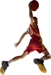 Basketball athlete performing slam dunk with full extension on transparent background. Concept of balance, motion, athletic intensity reflecting confidence, power, and winning determination. © master1305