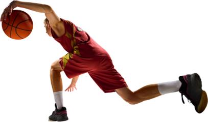 Basketball player on transparent background lunging low holding ball with strength and focus. Concept of precision, agility, peak performance symbolizing discipline, power, and competitive motion.