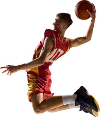 Basketball player in mid air twisting body preparing slam dunk on transparent background. Concept of discipline, balance, determination capturing power, energy, and control.