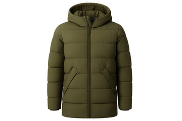 Olive green puffer jacket with hood for winter wear