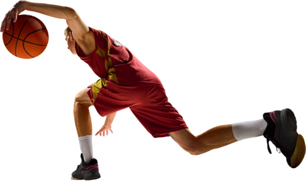 Basketball player on transparent background lunging low holding ball with strength and focus. Concept of precision, agility, peak performance symbolizing discipline, power, and competitive motion.