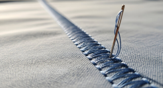 A macro close-up of a needle with blue thread stitching a seam on a grey textile fabric symbolizing craftsmanship and detail