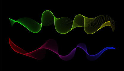 Abstract Glowing Wavy Lines on Black Background, A dynamic and futuristic vector illustration featuring two distinct sets of abstract, flowing wavy lines with a translucent, glowing effect