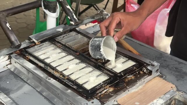 Indonesian street food seller preparing kue rangi on small cart, authentic local snack scene. BSD, Indonesia - Oct 16, 2025