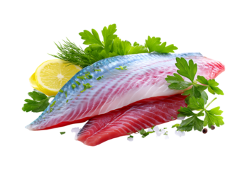 Fresh Raw Fish Fillets with Herbs and Lemon isolated on a transparent background