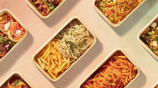 Tasty selection of diverse pasta dishes served in eco-friendly containers at a vibrant food market during lunchtime