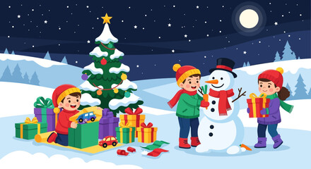 Fototapeta premium Children Enjoying Christmas with Snowman and Gifts.