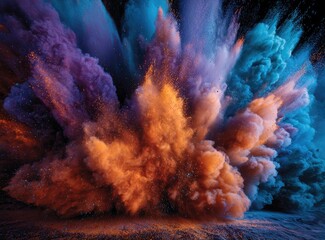 Vivid explosion of colorful powder erupting from ground, showcasing vibrant hues against black background