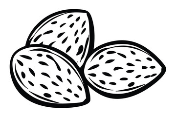 Black and white showcases three almonds with prominent textured surfaces in a cluster