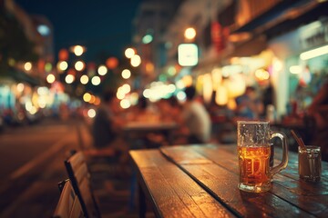 Street bar bokeh backdrop with people socializing outdoors in an Asian setting