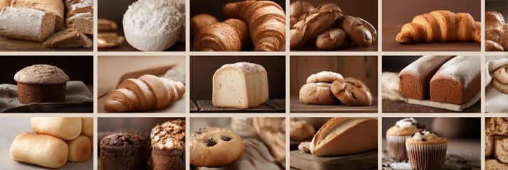 Variety of freshly baked bread and pastries displayed on wooden surfaces with warm lighting