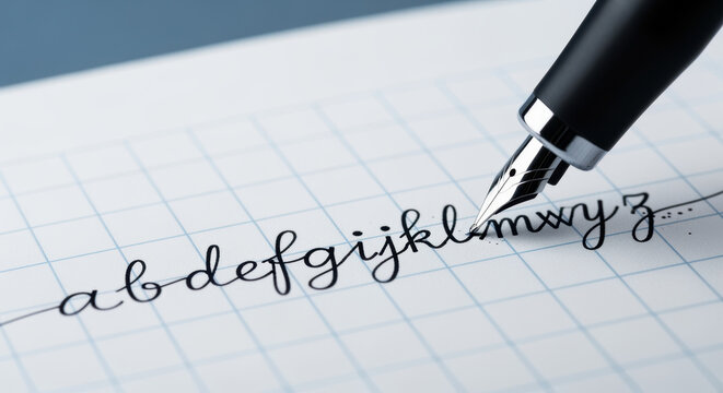 elegant fountain pen writing lowercase alphabet on squared notebook paper with flowing black ink in cursive calligraphy