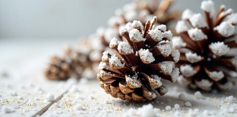 Sparkling snow dusted pinecones adorned with shimmering gold glitter, perfect for a festive holiday vignette. Close up macro shot of pinecones heavily dusted with artificial snow and coated in
