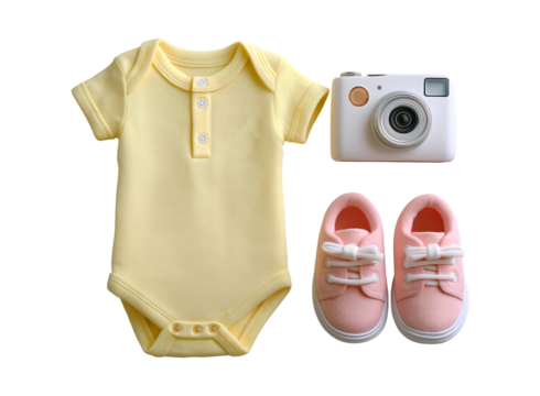 Cute Baby Essentials: Bodysuit, Shoes, and Camera isolated on a transparent background