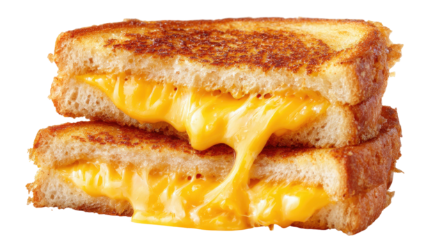 Stacked golden grilled cheese sandwich with melted cheese oozing out of both halves