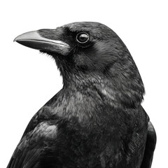 Fototapeta premium Png of closeup of a majestic crows head, showcasing its sleek black feathers and intelligent gaze isolated on transparent background