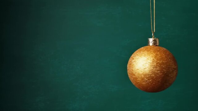 Festive, gold bauble, hanging from a gold string against a textured, green background