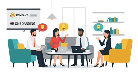 Team Discussing HR Onboarding in Modern Office Setting.
