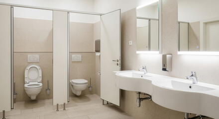 Modern public restroom interior with open toilet stalls and dual sinks under illuminated mirrors in clean, minimalist design