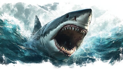 Naklejka premium Great white shark emerging from ocean waves, jaws open.