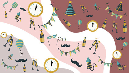 Celebration Border With Party Hats, Champagne, Balloons, Confetti, and Time Clock