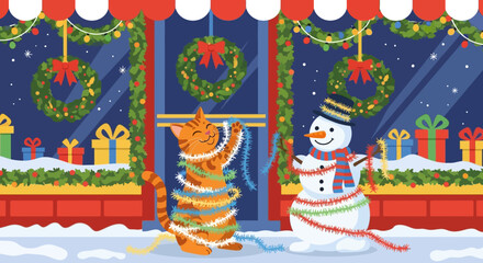 Naklejka premium Cheerful Cat and Snowman Decorating for Christmas.