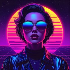 Synthwave Portrait - A Woman in Retro Futuristic Style with Neon Glow.