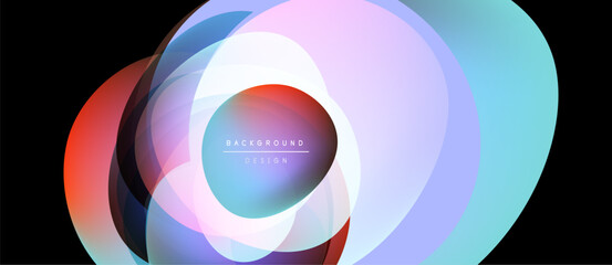 Fototapeta premium Abstract colorful layers create dynamic visual effect. Gradient hues blend, forming circular design with text center.