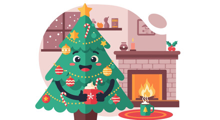 Naklejka premium Cheerful Christmas Tree Character Holding a Mug.