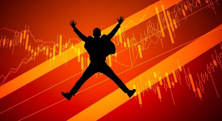 Vibrant illustration of a triumphant individual celebrating financial market growth and investment success, symbolizing economic prosperity and business achievement