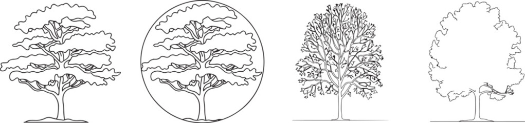 Four different tree sketches showcase various styles, from detailed line work to simplified forms, capturing the essence of arboreal beauty in minimalist designs