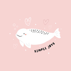 Adorable White Whale, Beluga and Heart Art Print for Nursery Decor.