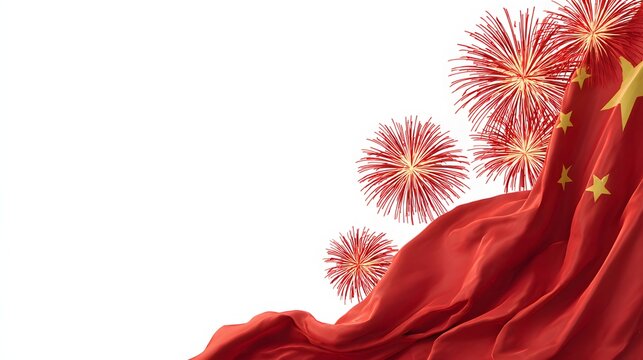 China National Day Flag and Fireworks Isolated on White – Holiday Mockup
