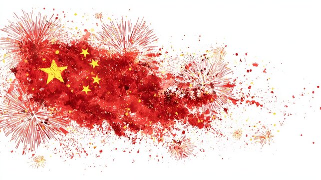 China National Day Flag and Fireworks Isolated on White – Holiday Mockup - Powered by Adobe