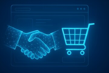 E-commerce Business Agreement with Digital Handshake and Shopping Cart Icon