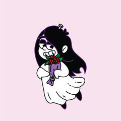 A charming cartoon illustration of a ghost girl with long dark hair, wearing a white sheet, and holding a vibrant bouquet of red and purple flowers. Kuntilanak Retro Mascot Character.