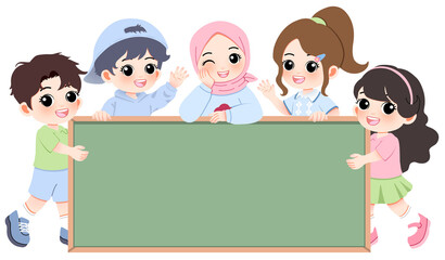 A cheerful group of diverse cartoon children holding a blank green chalkboard for your message