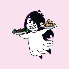 A cheerful cartoon ghost in a white sheet costume, holding two plates of Indonesian dishes, one with satay and the other with meatballs, against a light pink background. Kuntilanak Retro Mascot.