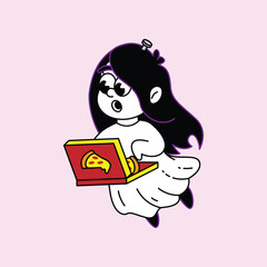 A charming cartoon ghost, with a surprised look, holds an open pizza box, revealing a slice of pizza. Simple, clean illustration style. Kuntilanak Retro Mascot Character.
