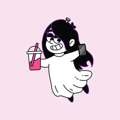 A fun, minimalist cartoon illustration of a ghost character with dark hair, holding a pink beverage and a smartphone, on a soft pink background. Kuntilanak Retro Mascot Character.