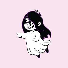 A charming cartoon illustration of a ghost girl with dark hair, big eyes, and a cheerful smile, pointing her finger. Kuntilanak Retro Mascot Character.