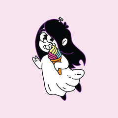 A charming cartoon illustration of a ghost girl with black hair and glasses, happily holding and eating a vibrant rainbow ice cream cone. Kuntilanak Retro Mascot Character.