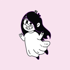 A charming cartoon illustration of a ghost girl with dark hair, wearing a simple white dress, and a joyful expression, set against a soft pink backdrop. Kuntilanak Retro Mascot Character.
