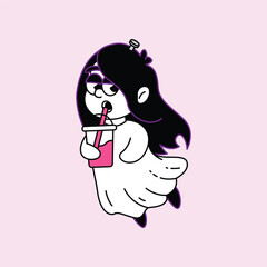 A charming illustration of a ghost girl with long dark hair and glasses, floating while sipping from a pink cup with a straw, set against a light pink background. Kuntilanak Retro Mascot Character.
