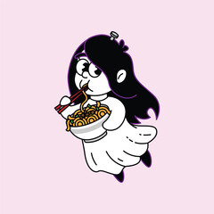 A charming illustration of a ghost girl with long black hair and glasses, happily eating ramen noodles with chopsticks from a white bowl. Kuntilanak Retro Mascot Character.