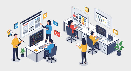 Isometric Illustration of Software Developers at Work.