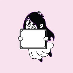 A charming cartoon character with dark hair and glasses holds a blank whiteboard, perfect for custom text or announcements. Kuntilanak Retro Mascot Character.
