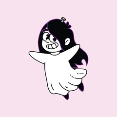 A charming cartoon illustration of a ghost girl with long dark hair, a wide smile, and expressive eyes, floating playfully against a light pink background. Kuntilanak Retro Mascot Character.